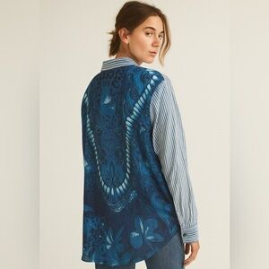 John Mark | Blue Pinstriped Button Down with Butterfly Sheer Graphic Back Artsy